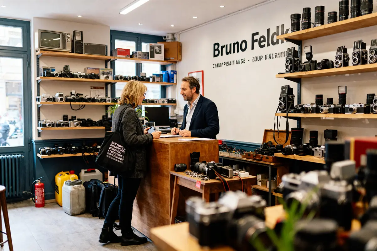 Boutique d'appareils photo vintage chez Bruno Feldk avec client et vendeur en discussion.