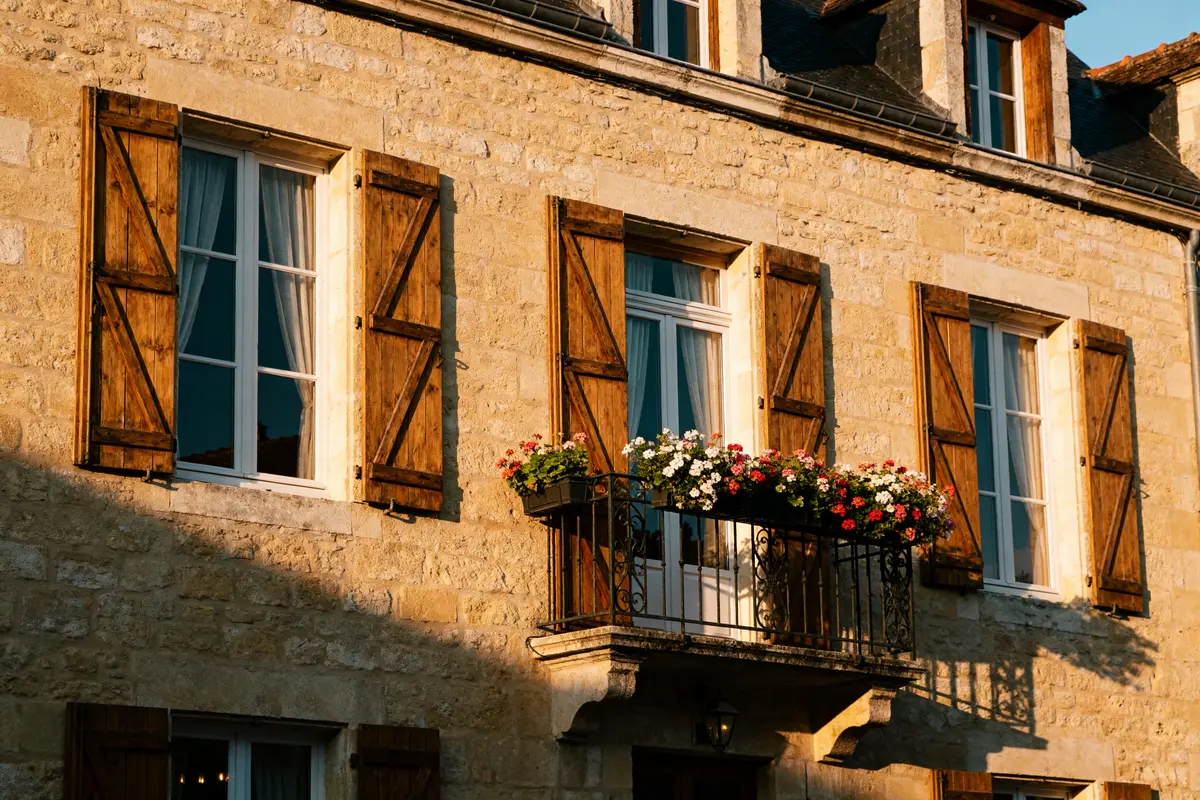 Façade en pierre avec balcon fleuri d'un charmant hotel à Autun