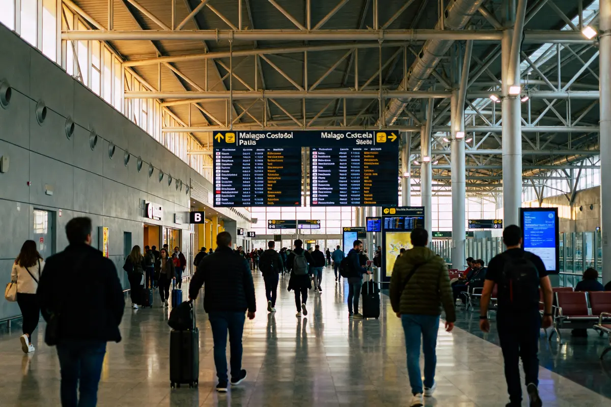 Hall de l'aéroport de Malaga Costa del Sol avec passagers et panneaux d'information éclairés