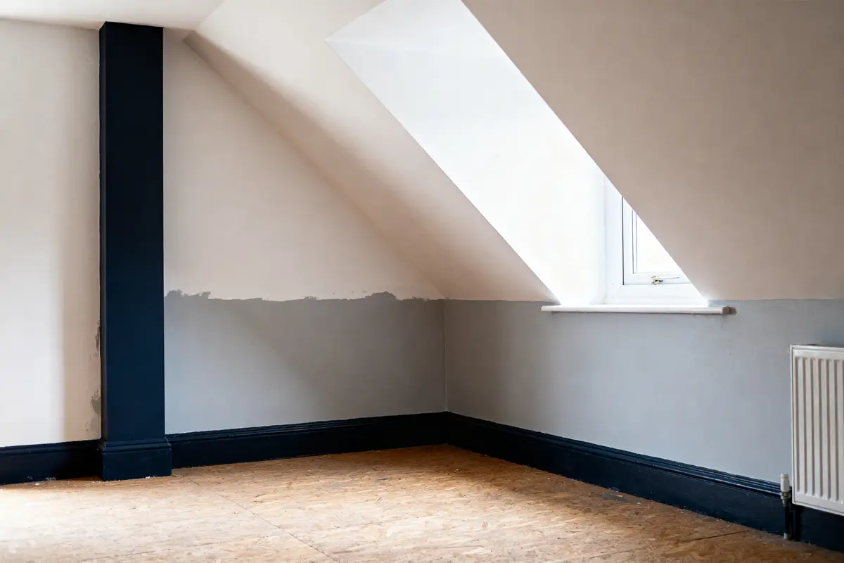 Chambre sous pente avec murs bicolores pour agrandir visuellement espace restreint fenêtre côté lumineux