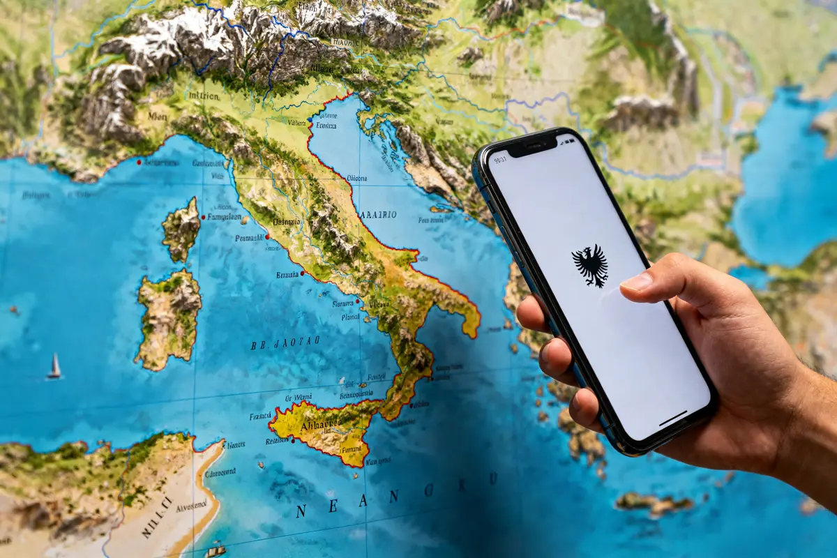 Personne tenant un smartphone avec le drapeau de l'Albanie devant une carte de l'Europe