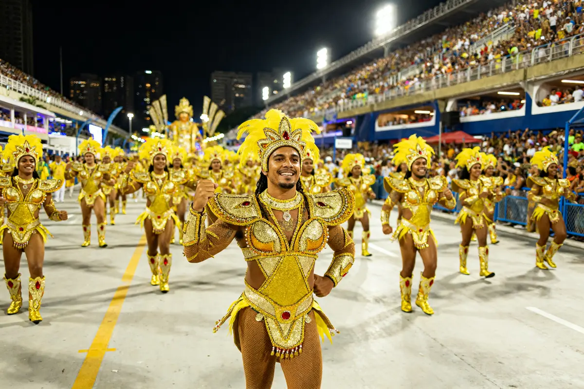 Danseurs en costumes dorés défilant au carnaval de Rio 2025 dates carnaval Rio 2025