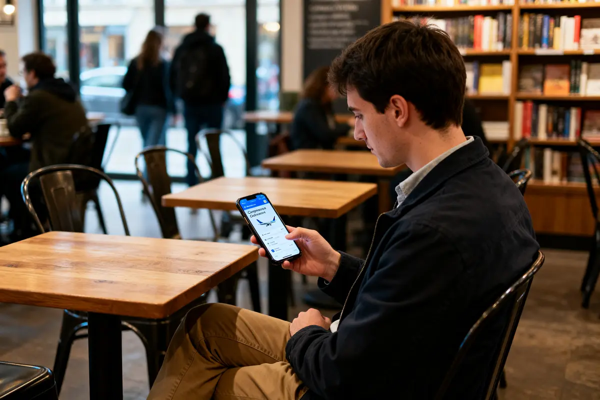 Homme consultant un liligo vol pas cher sur smartphone dans un café moderne et animé
