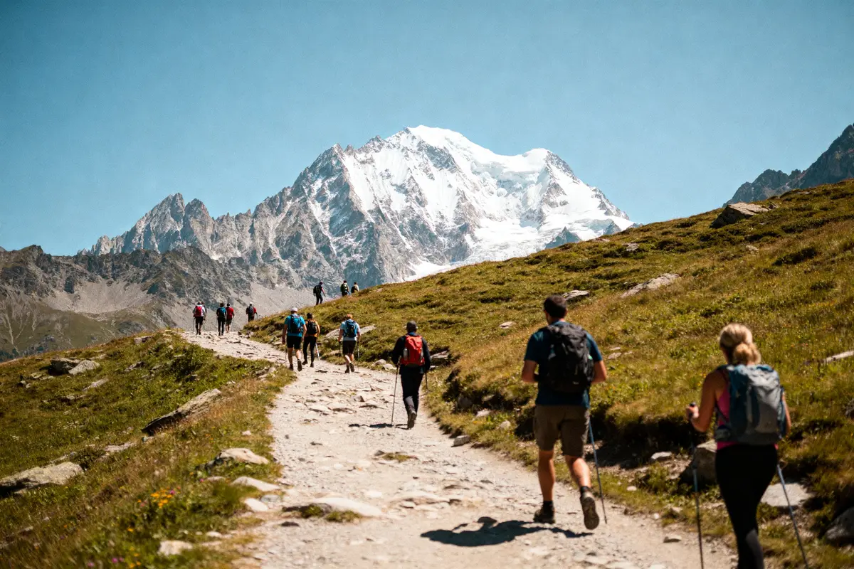 Randonneurs sur sentier alpin avec vue spectaculaire sur le mont Viso Italie en arrière-plan