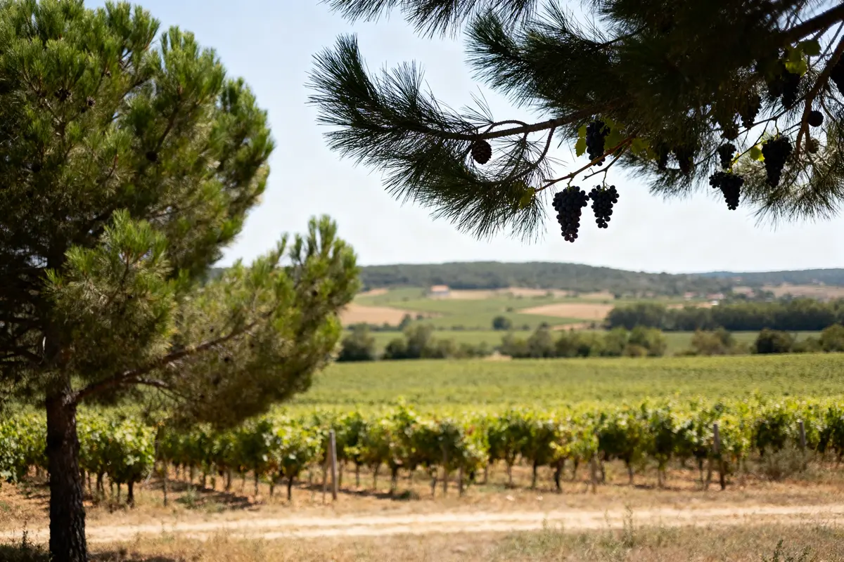 Vignoble verdoyant sous arbres, ou se trouve Barbotan-les-Thermes dans paysage rural paisible.