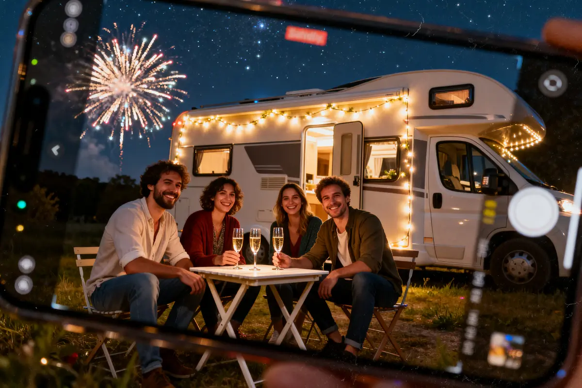 Quatre amis célèbrent le réveillon Saint-Sylvestre en camping-car avec feux d'artifice.