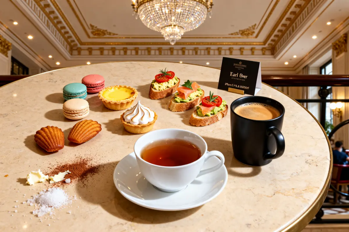 Thé, café, pâtisseries variées sur table élégante pour tea time peninsula prix imbattable.