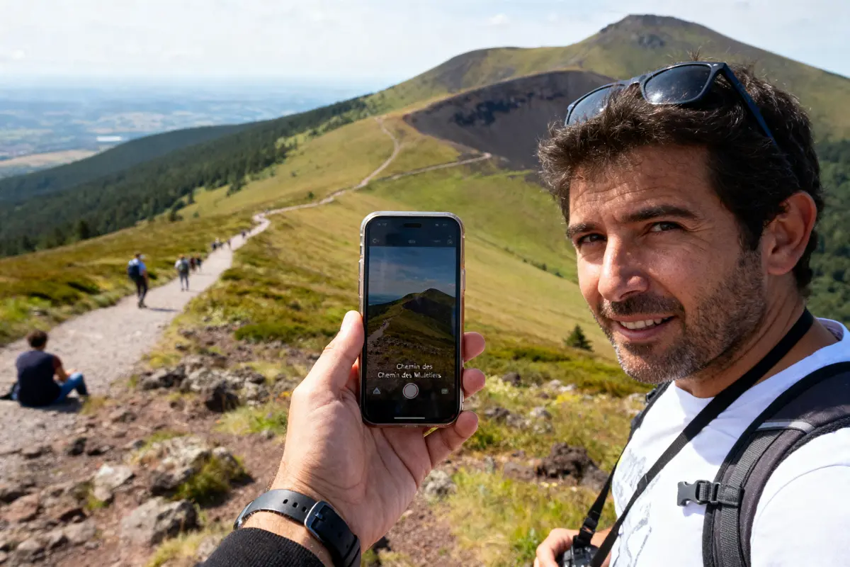 Homme souriant en randonnée, tenant un téléphone, paysage montagneux en arrière-plan. Sentier avec d'autres randonneurs.
