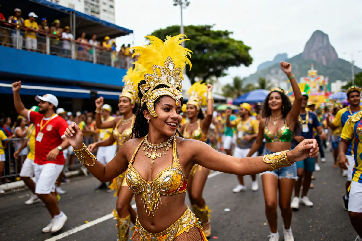 Danseuse en costume coloré au carnaval de Rio de Janeiro, foule en arrière-plan, ambiance festive.