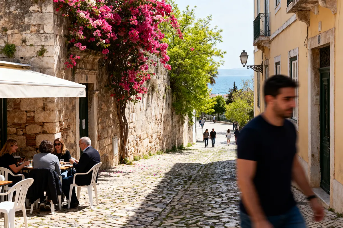 Rue pavée avec terrasse de café, fleurs roses, passants, vue mer au bout. Atmosphère méditerranéenne.