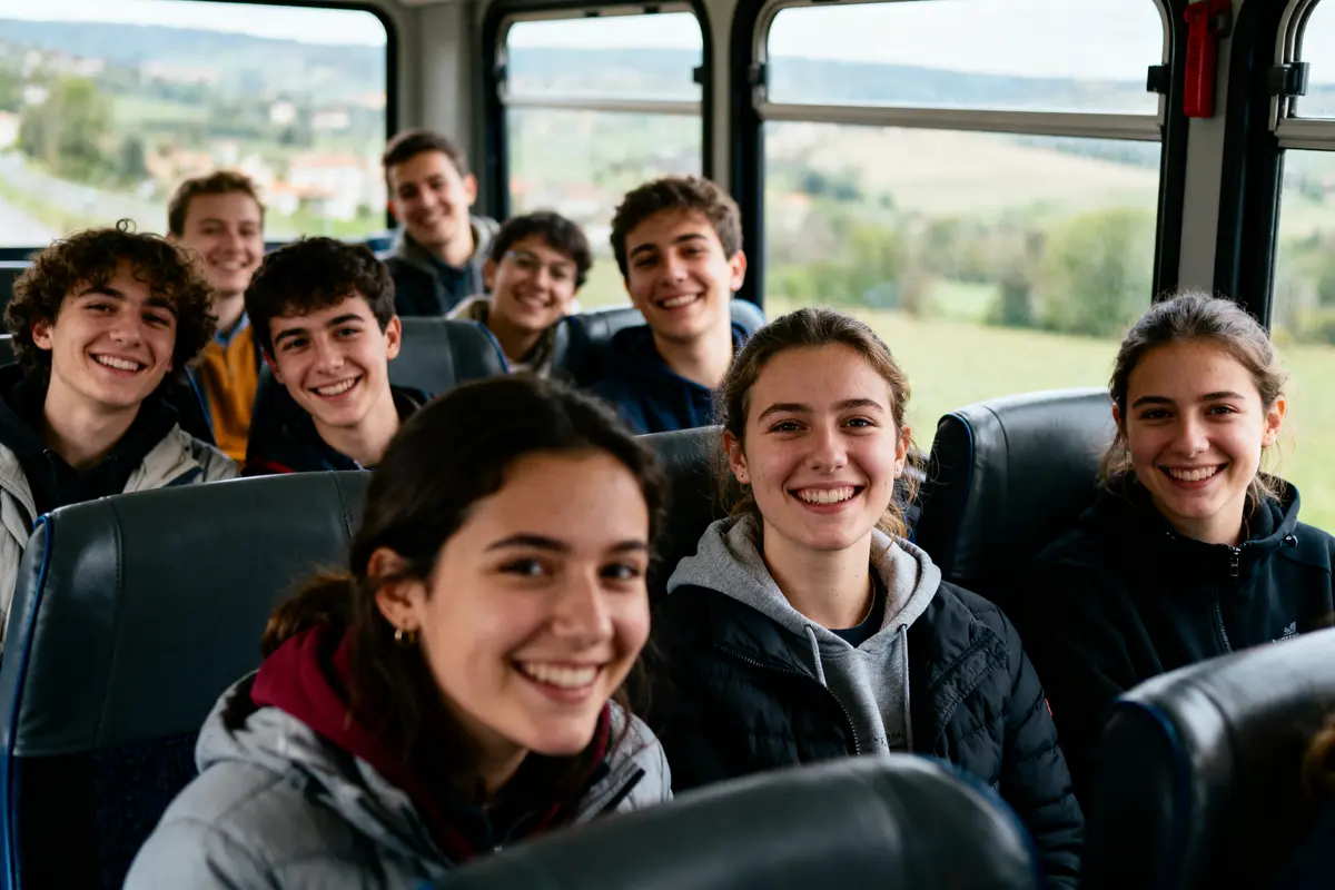 Un groupe de jeunes souriant à l'intérieur d'un bus, avec paysage verdoyant en arrière-plan.